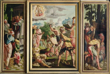 The Sermon, Stoning and Entombment of St. Stephen, from the Polyptych of St. Stephen and St. James the Greater, c.1541
